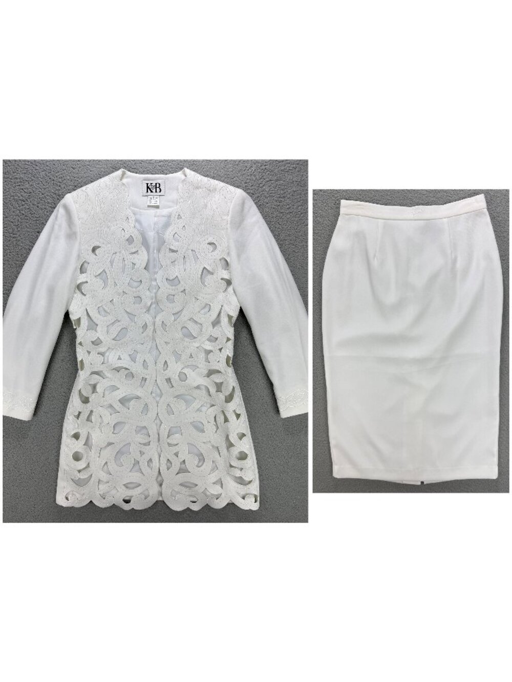 Stella Louise for KB Jacket Skirt Set Womens 12 White Cutout Suit Blazer Vintage